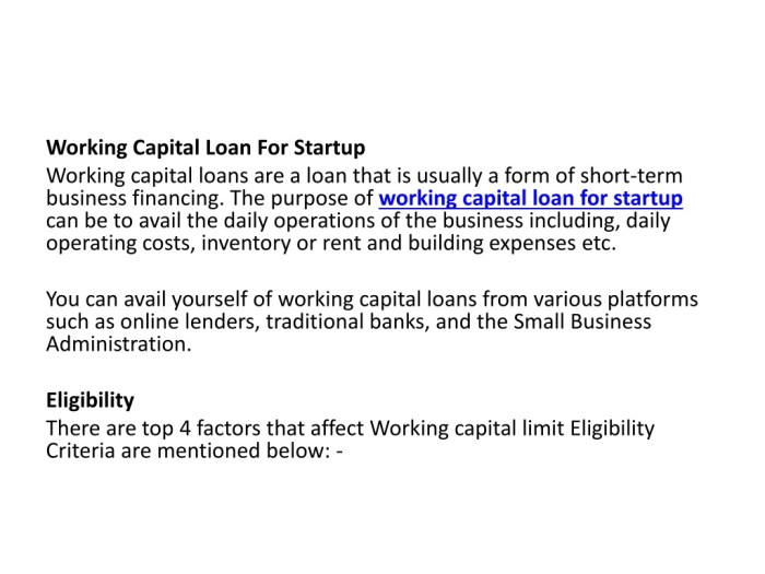 Startup working capital loans